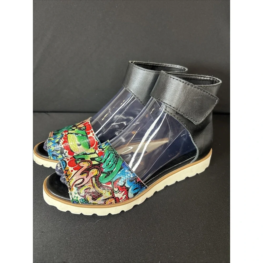 All Black Brand Sandals in Vibrant Multi Color Art Graffiti Print, Size‎ 6